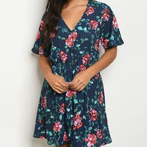 SHORT SLEEVE V NECK NAVY STRIPE FLORAL DRESS 46-30
